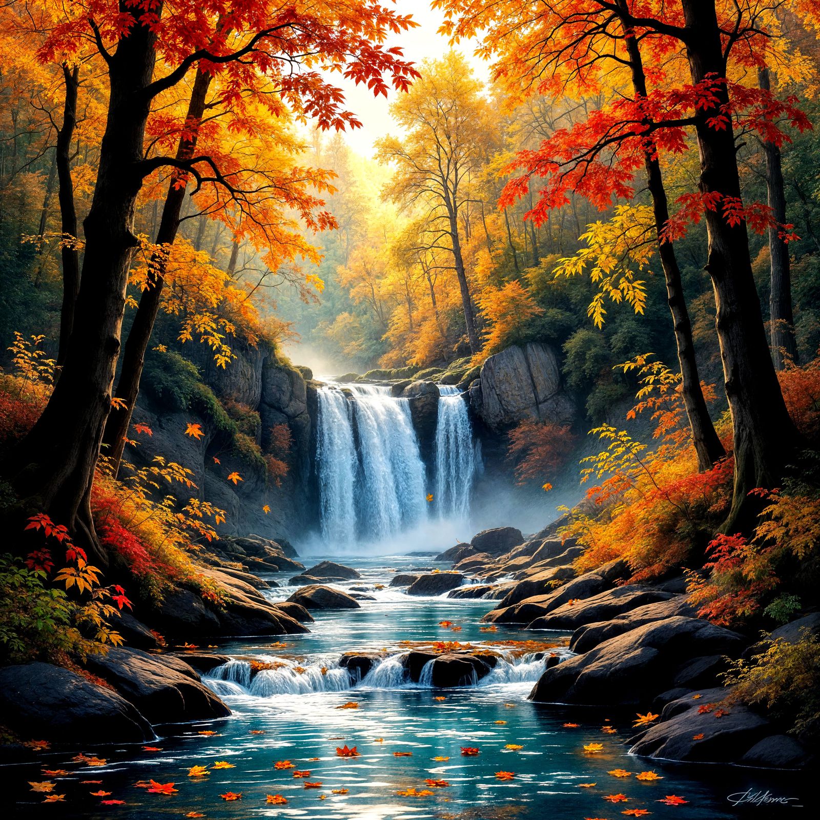 Waterfall flowing in the middle of a forest.
The Autumn leaves falling from the trees and coating the ...  by @Mia