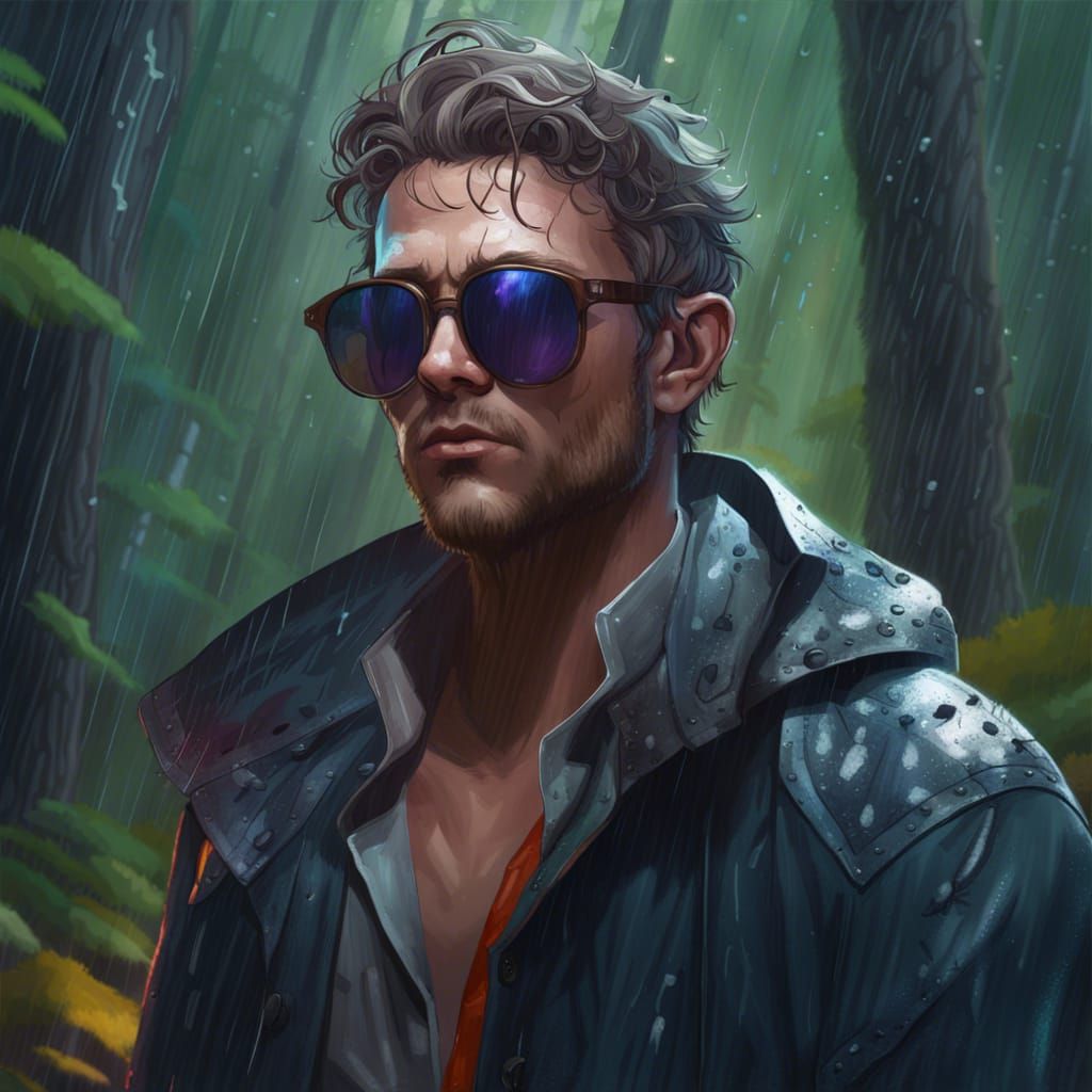 boyman in the rain in a forest with sunglasses