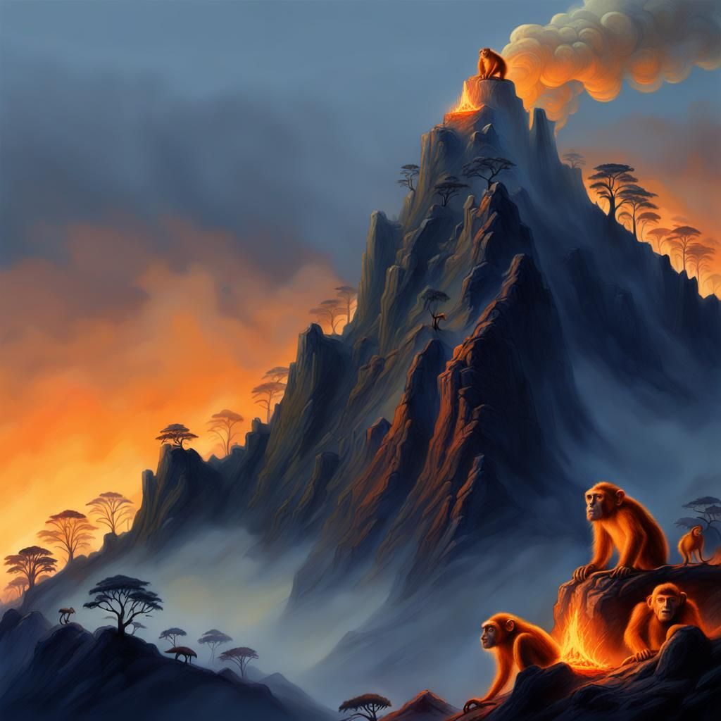 Evil Monkeys Climb Mystical Mountain in Dark Fantasy Art