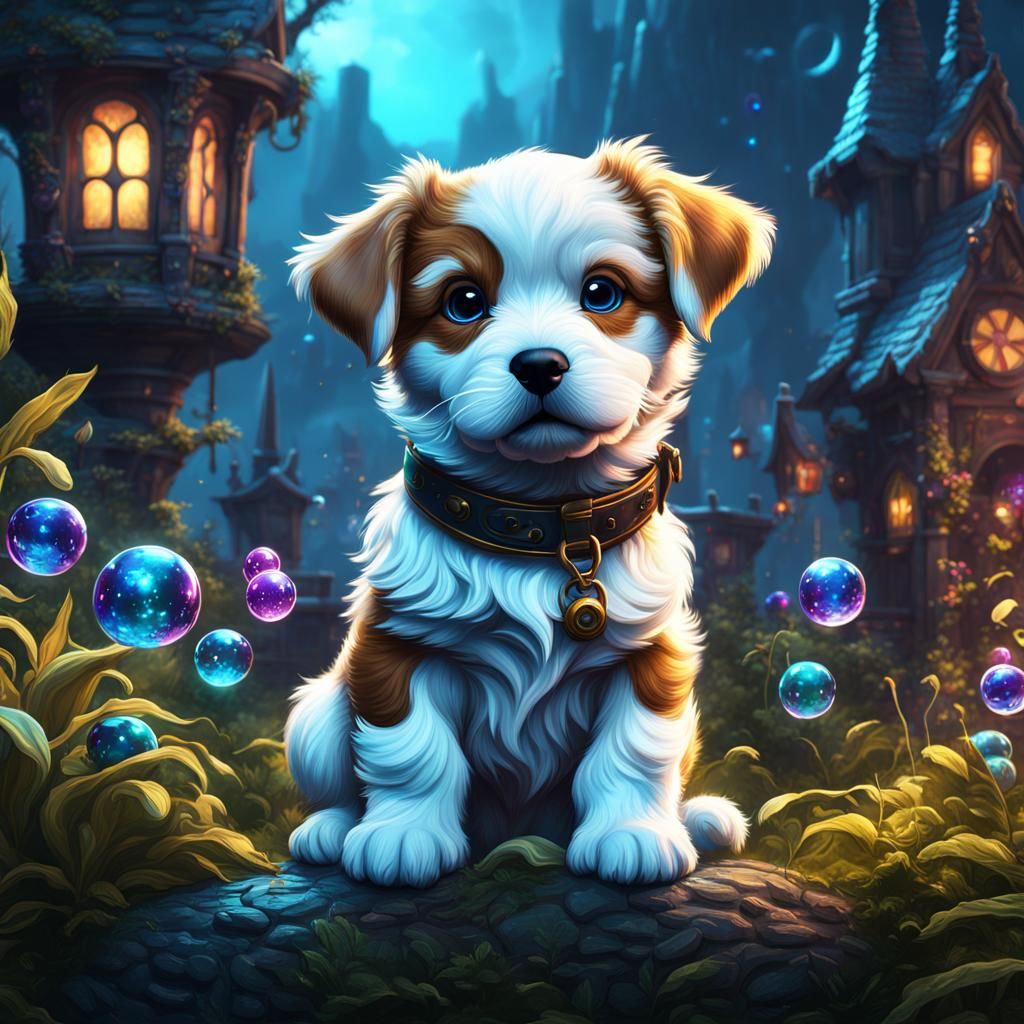 A puppy named Bubbles detailed matte painting, deep color, fantastical, intricate detail, splash screen, complementarydogs colors, fantasy conce...