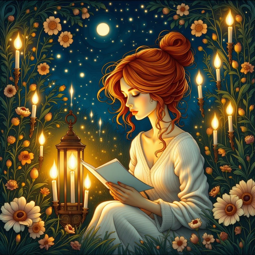 <lora:Art Nouveau:1.0> a beautiful woman, orange hair, bun, messy, yelow and white sweater, sits in garden and reads a letter in the candlel...