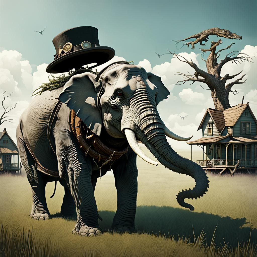 Steampunk Alligator-Elephant with Houses in a Tree