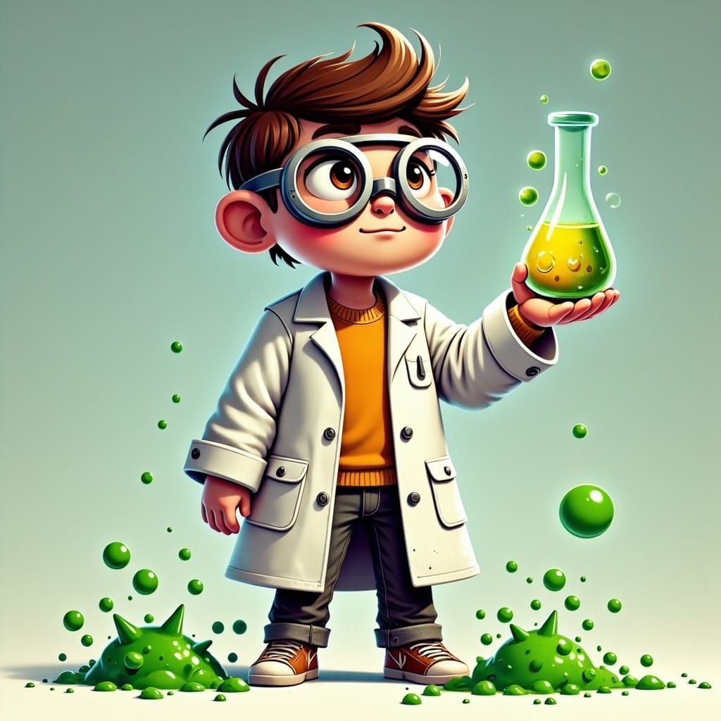 <lora:Munchkin-ish Fl:1.0> A young scientist wearing oversized goggles and a lab coat too big for them, holding a beaker that bubbles with g...