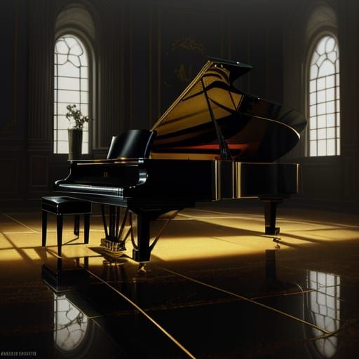 Child's Reflection on Grand Piano in Golden Hour Oil Paintin...