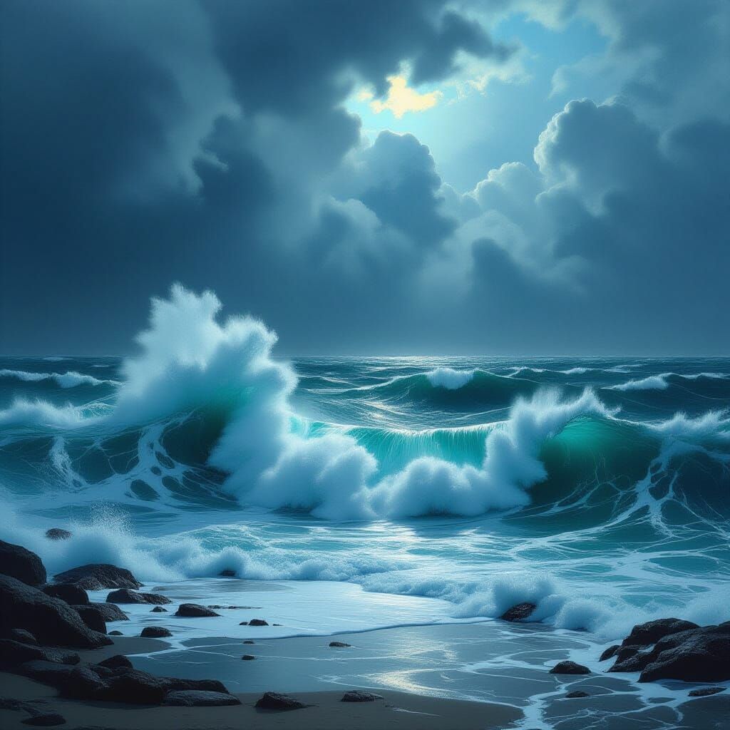 Turbulent Ocean Under Stormy Sky in Digital Matte Painting S...