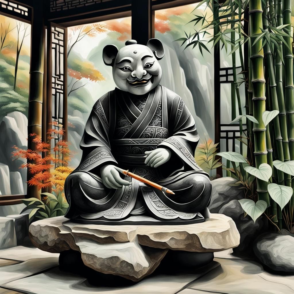 Jade Puppet in Bamboo Forest: Chinese Ink Painting