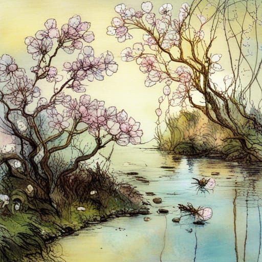 Cherry Blossoms in the morning light in a Japanese garden, b...