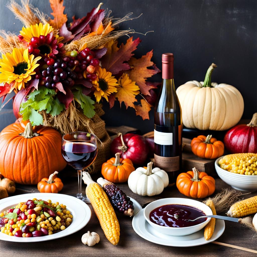 A colorful bountiful fall harvest spread of fall vegetables and fall indian corn with a bottle of red ...  by @Fredericco
