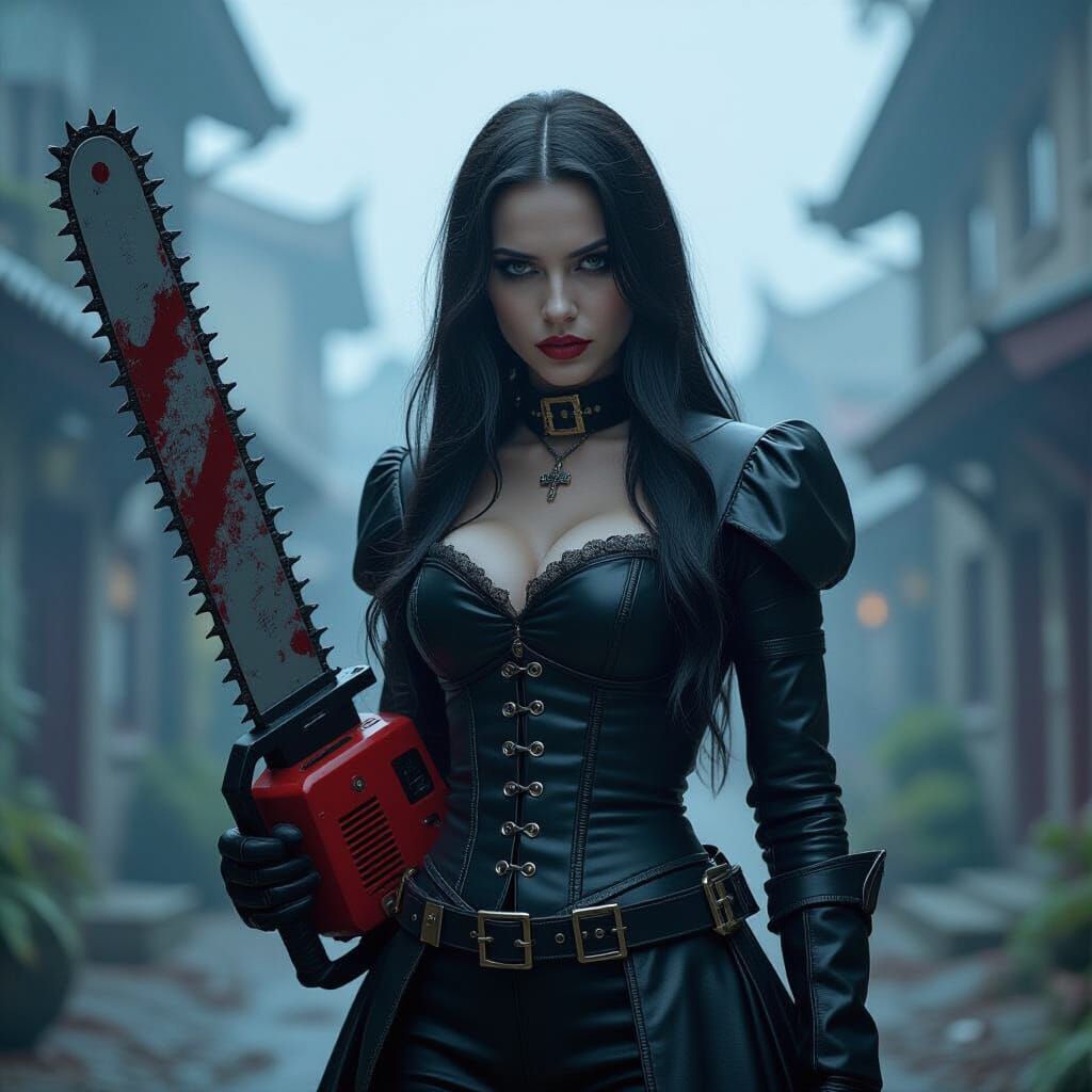 Villainess with chainsaw. Horror movie. DaVinci2.
