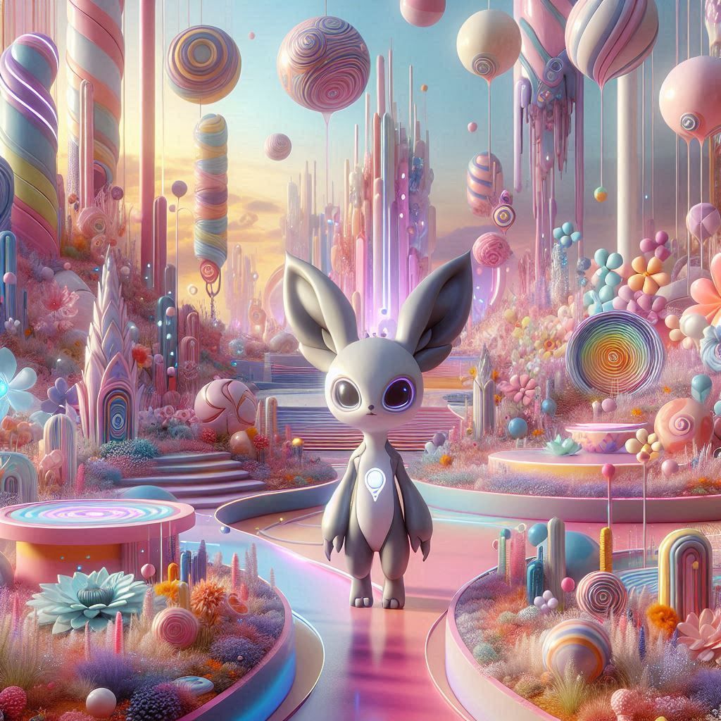 futuristic candy land and an anthropomorphic creature