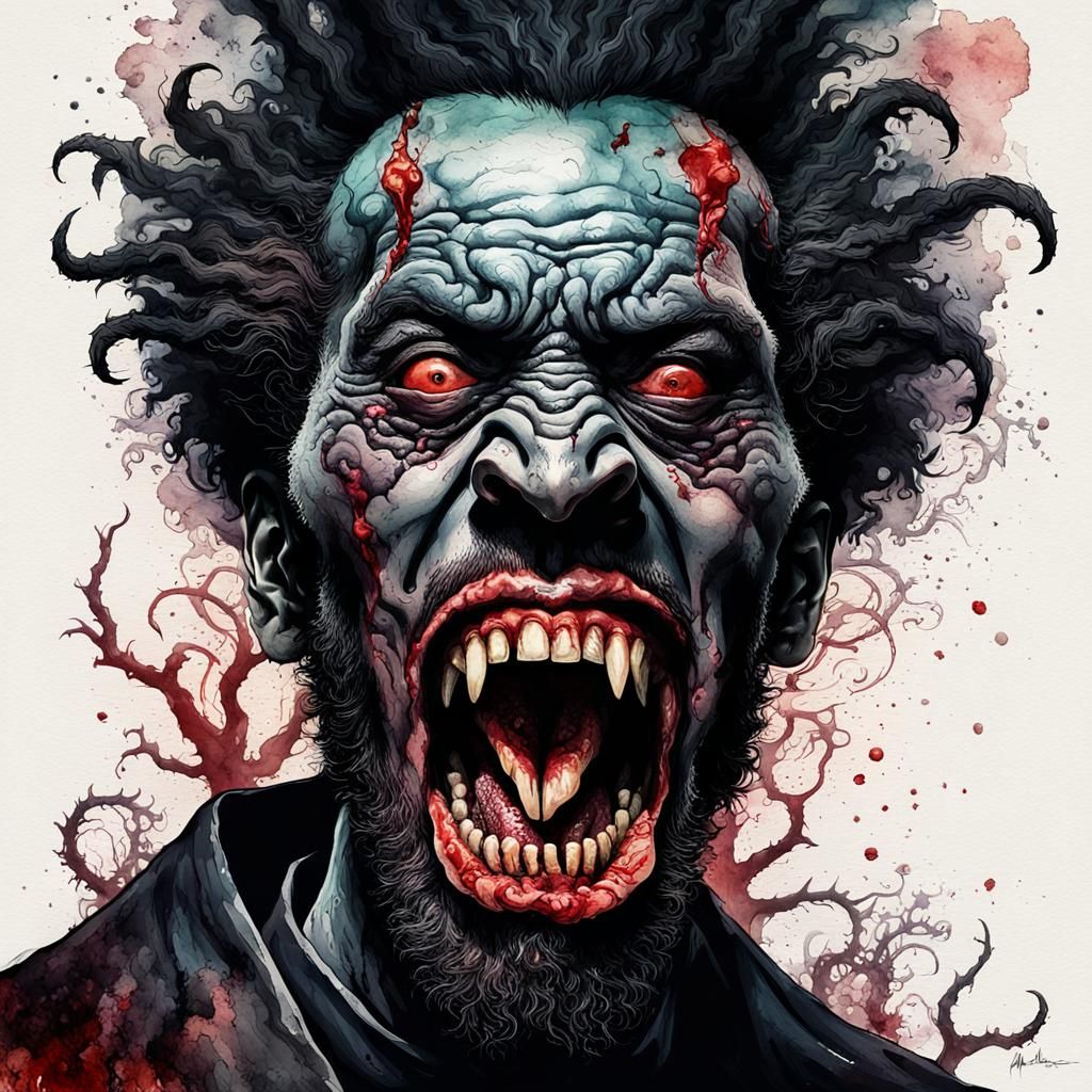 Scary African Dracula, beard, Afro, Goreprint style, evil, cordyceps ...