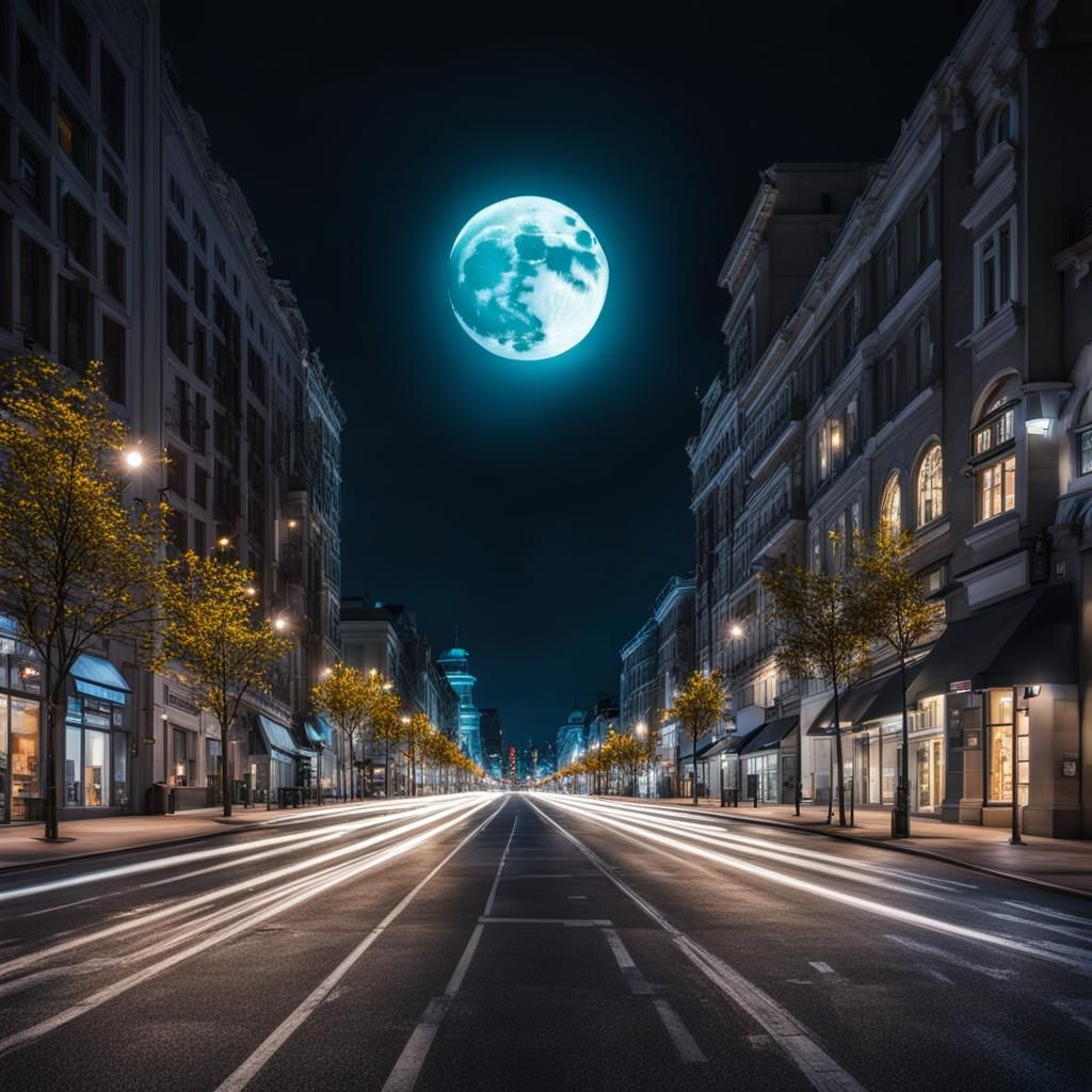 8k realistic long exposure photography, night, city street lined with ...
