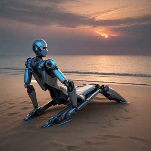 HD photo of a robot relaxing on the beach by the water at su...