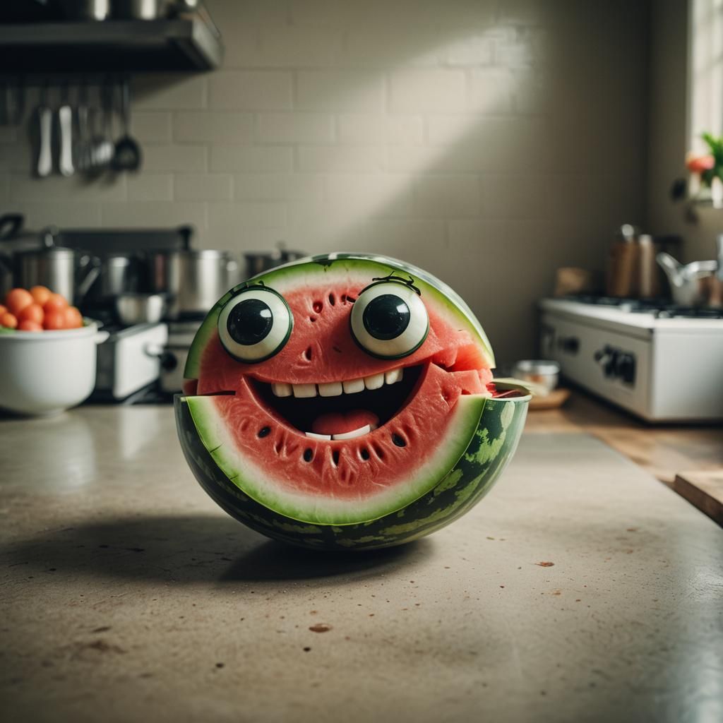 A smiling watermelon with big eyes lies in the kitchen in anticipation of adventure
