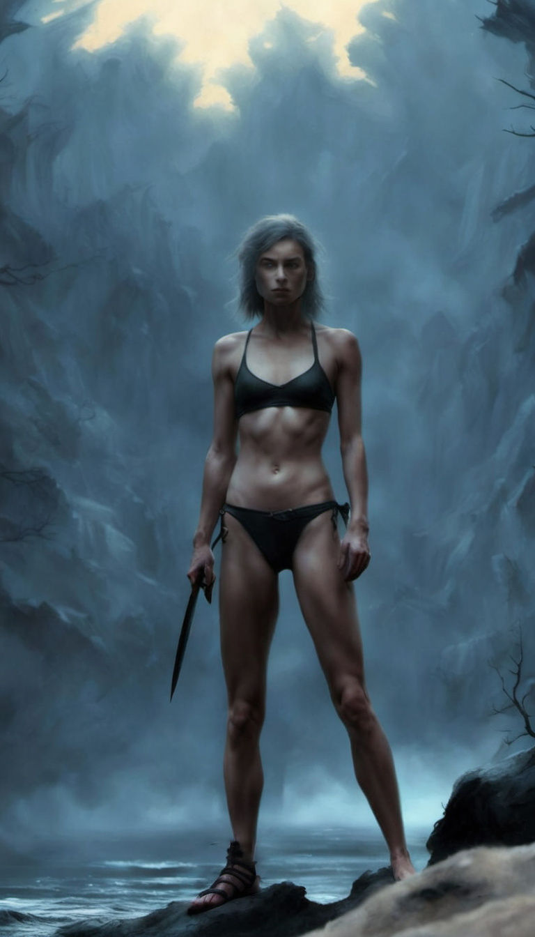 A fierce very small chested athletic female ninja with an intricate, battle-tattered g-string bikini without a skirt, without gloves and a d...