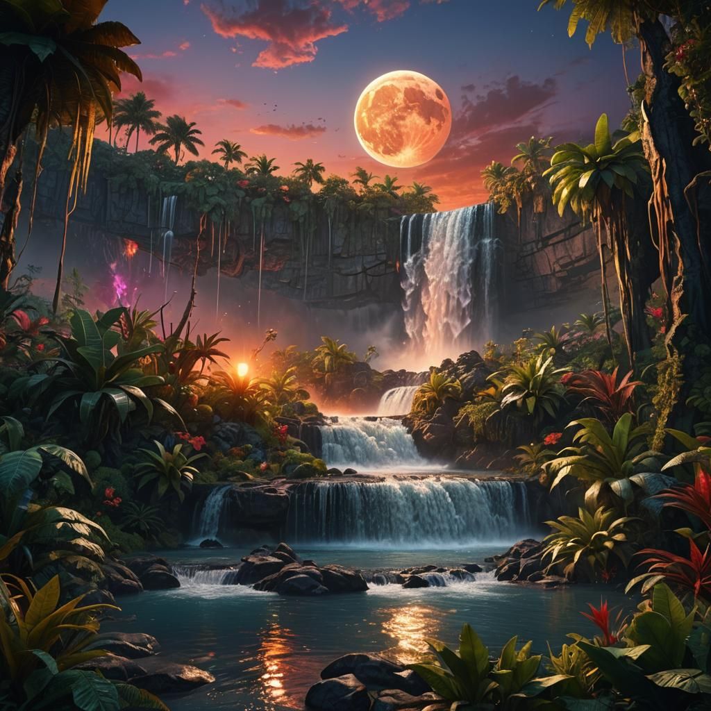 Hyper realistic  moon fall and sunset at the background and ...