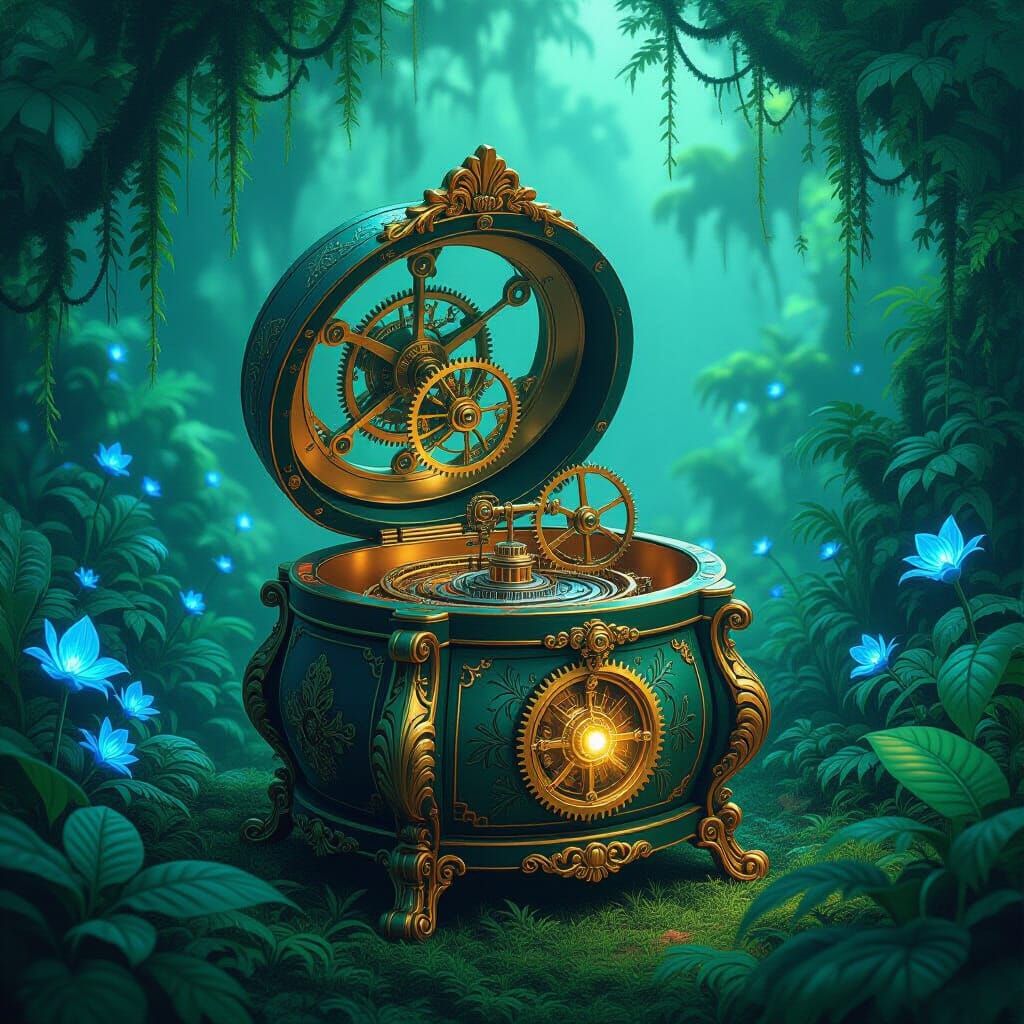 Ornate Music Box in Bioluminescent Jungle Steampunk Scene