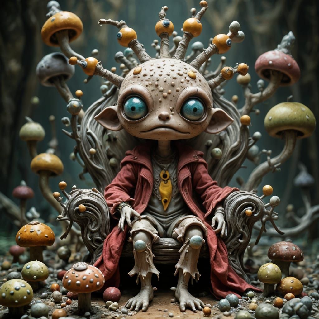 A pale spotted monster sitting on a throne made of twigs and vines, fairy king of the underworld, monster in the style of claymation, Tim Bu...