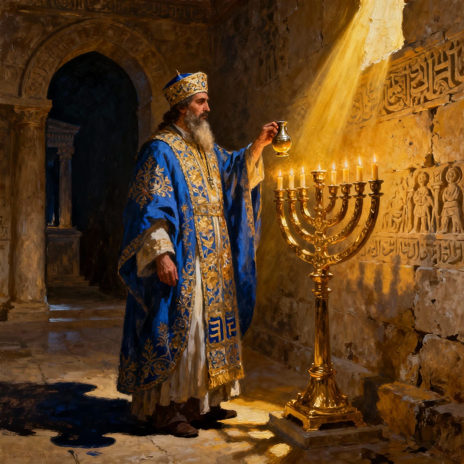 High Priest Lights Menorah in Holy Temple