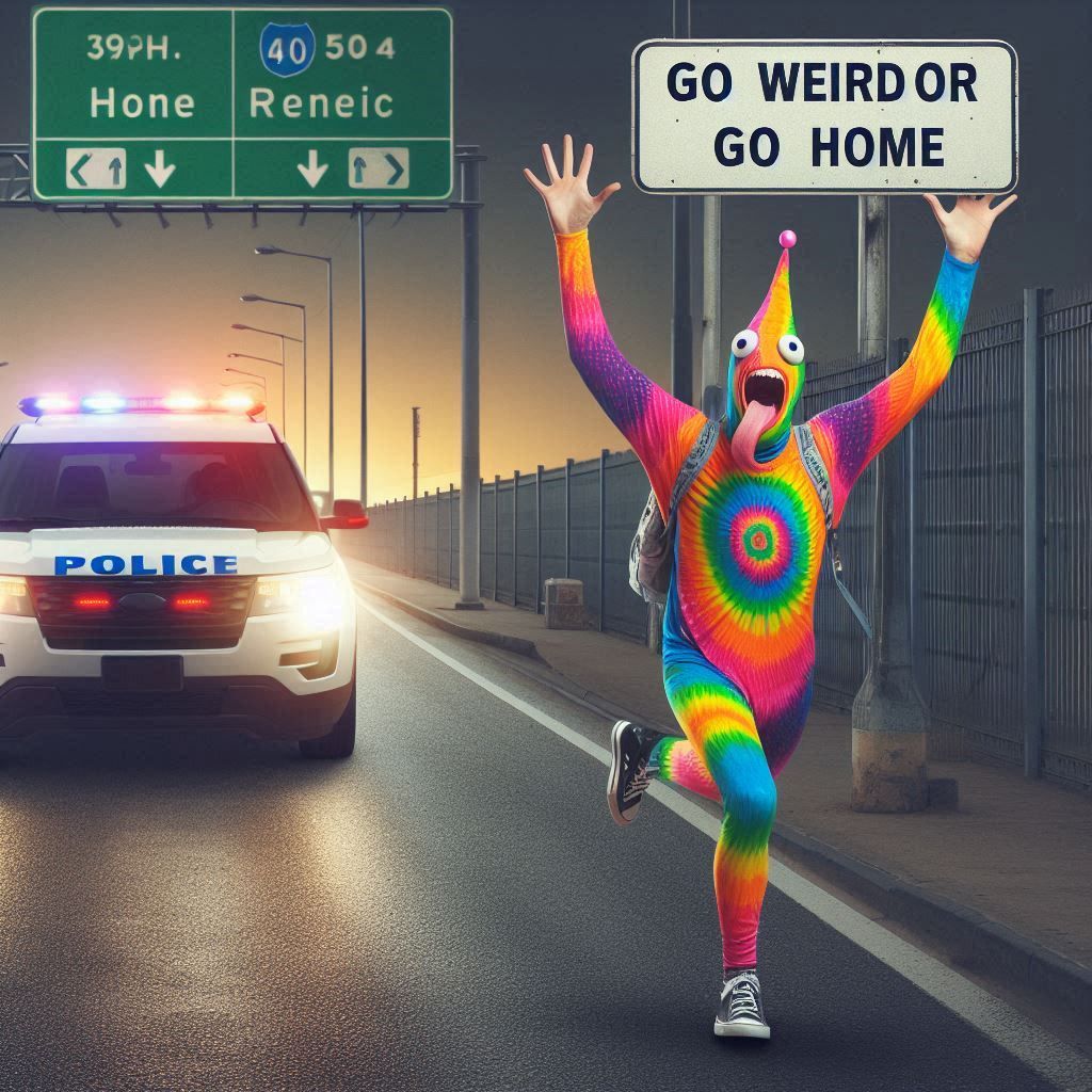 go weird or go home, weird person on way to home