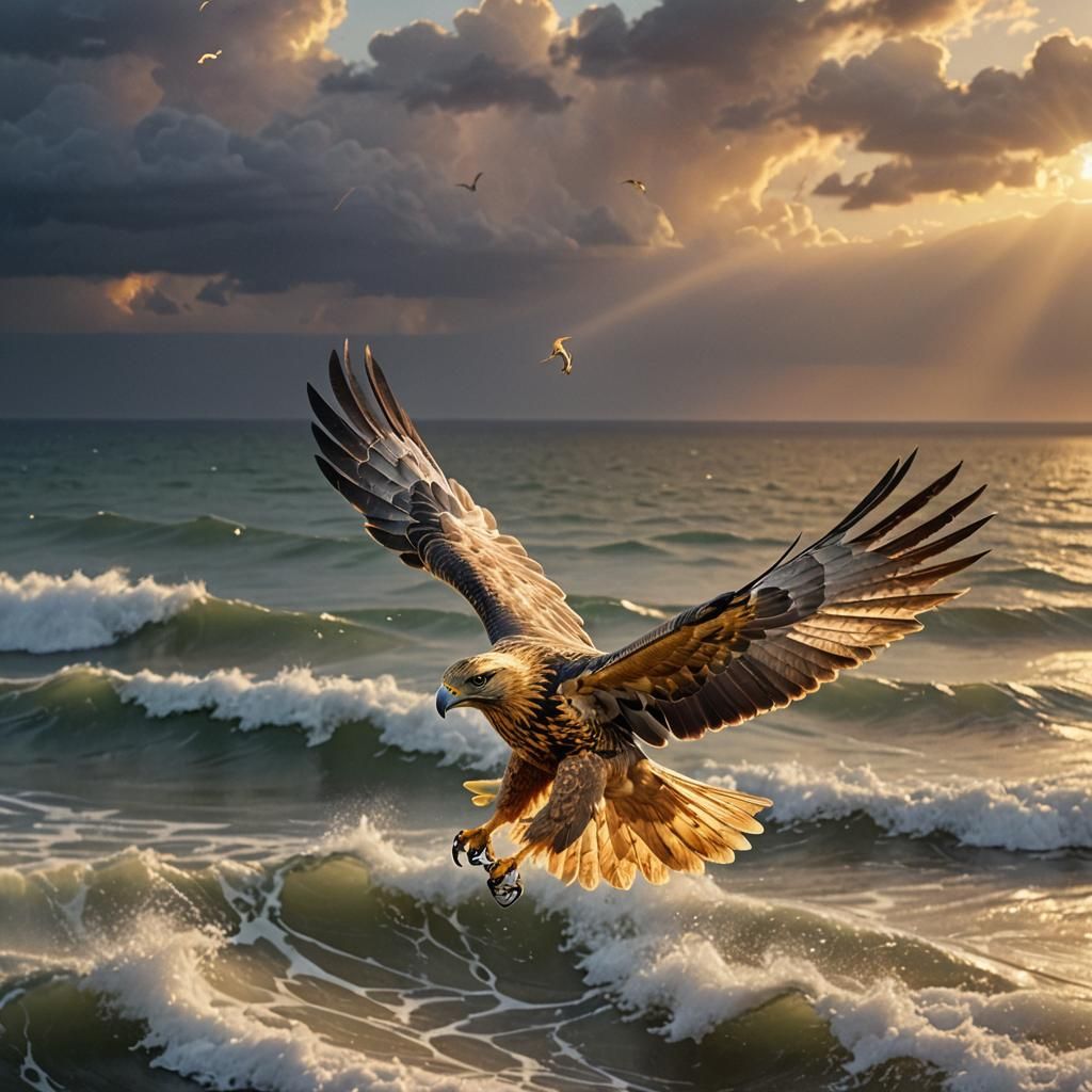 Golden Hawk with Keys Soaring Over Ocean
