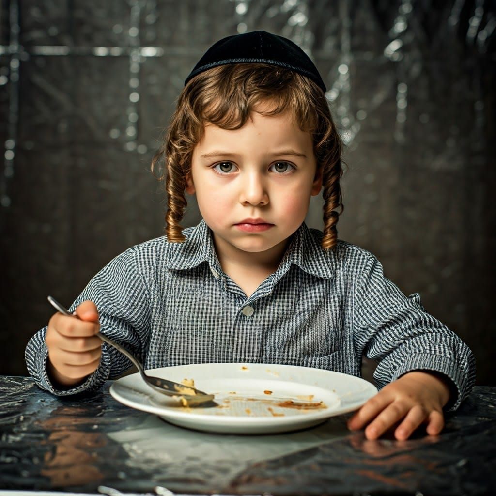 Melancholic Chassidic Boy in Desolate Kitchen