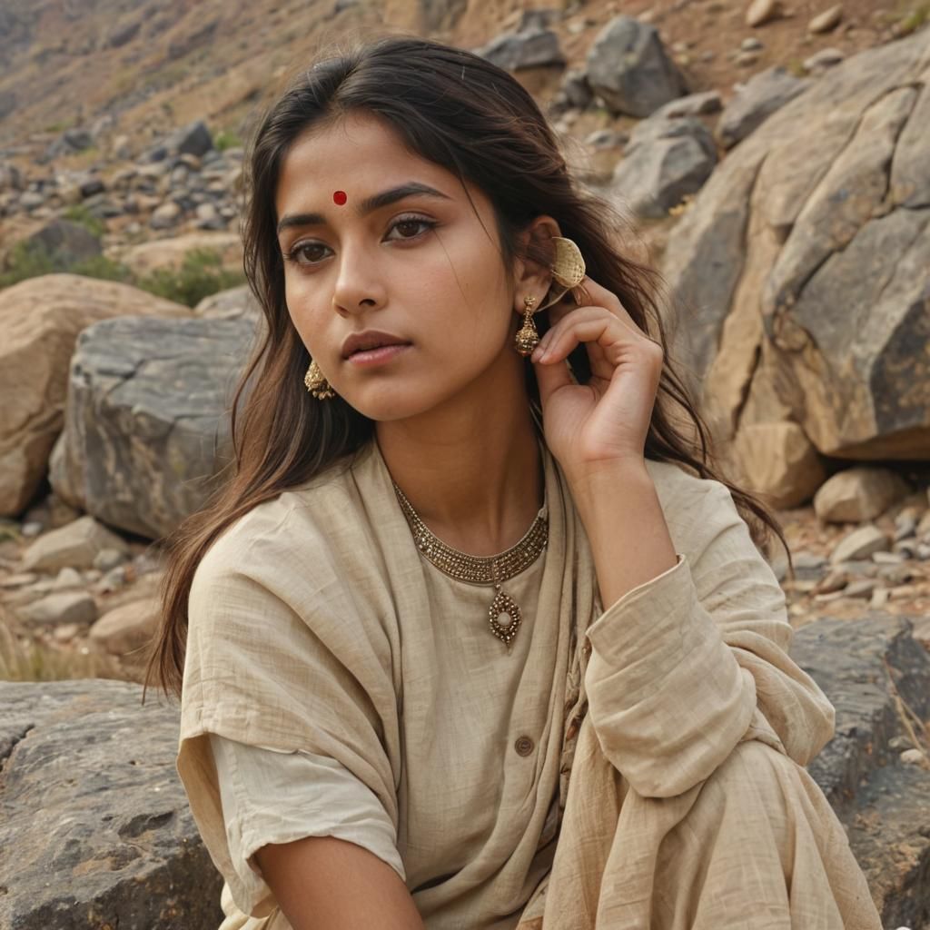 Create an image of ANKRITI CHOWHAN, seated on rugged rocks overlooking a serene landscape, elegantly sipping Penka laata, a traditional Chha...