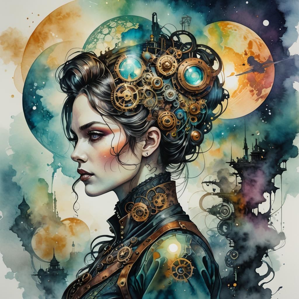  A beautiful woman. a colorful alien planet with huge moons ...  by @murray 