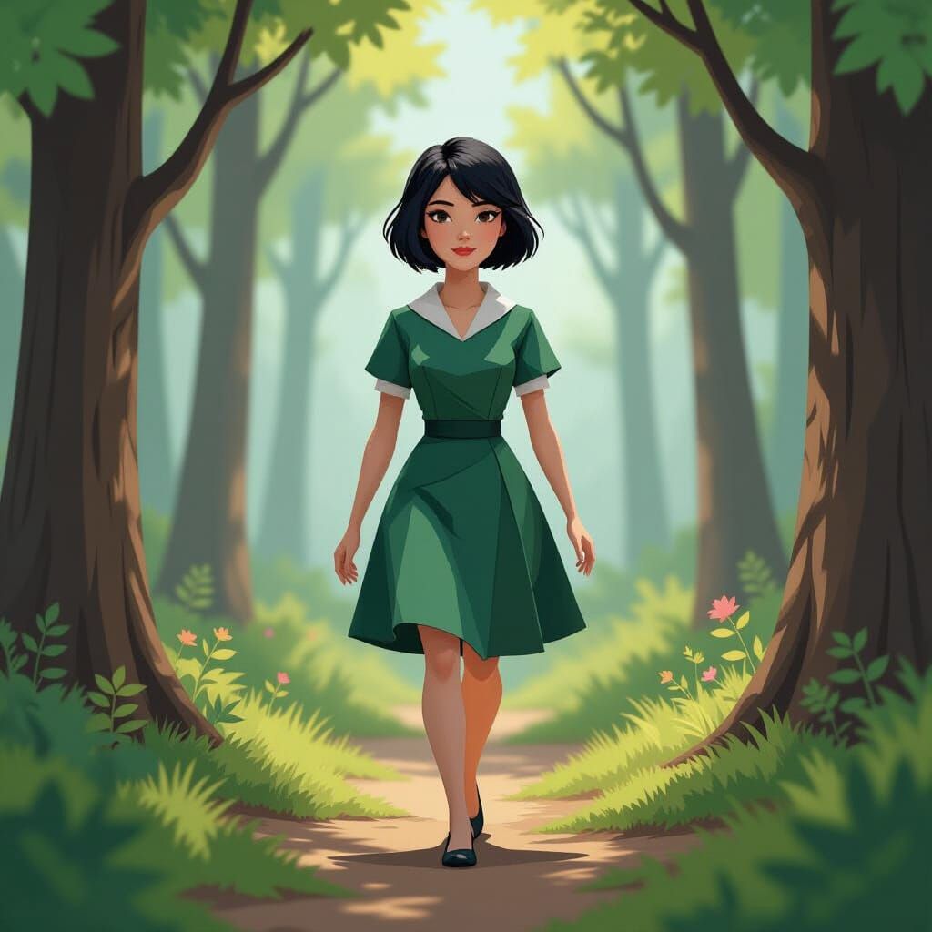 Origami Woman Walks in Detailed Forest Scene