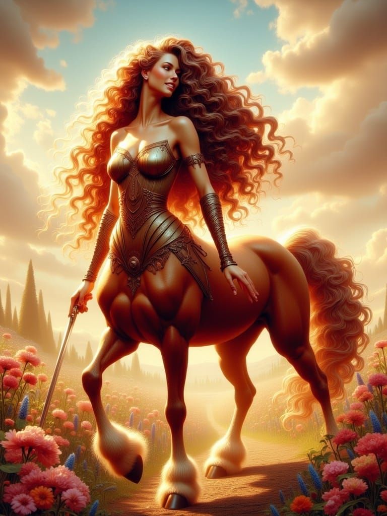 <lora:Flux Centaurs:1.0> A majestic centaur with the upper body of a strong and agile human, clad in a flowing, earth-toned tunic, and the l...