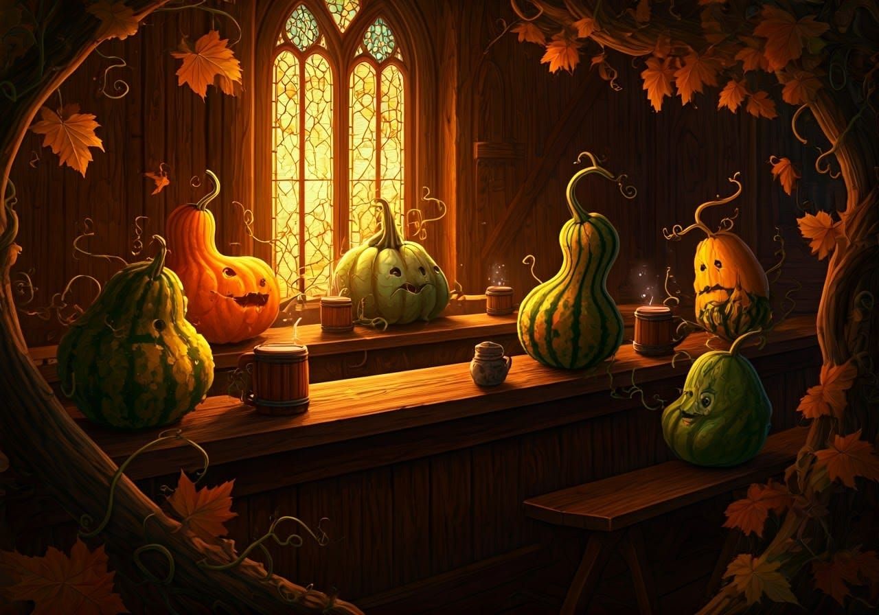 Whimsical gourds chatting in a bar
