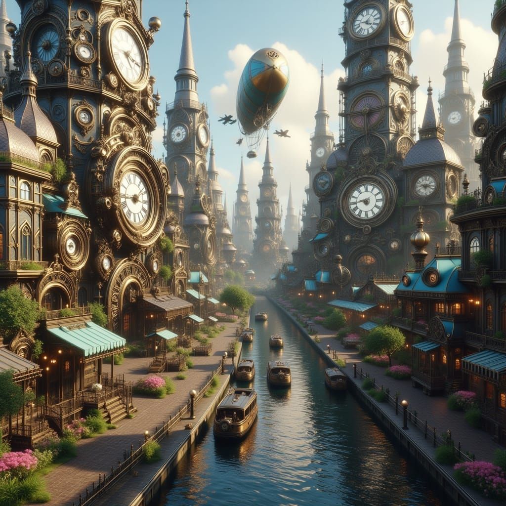 Steampunk Cityscape with Tower and Airships