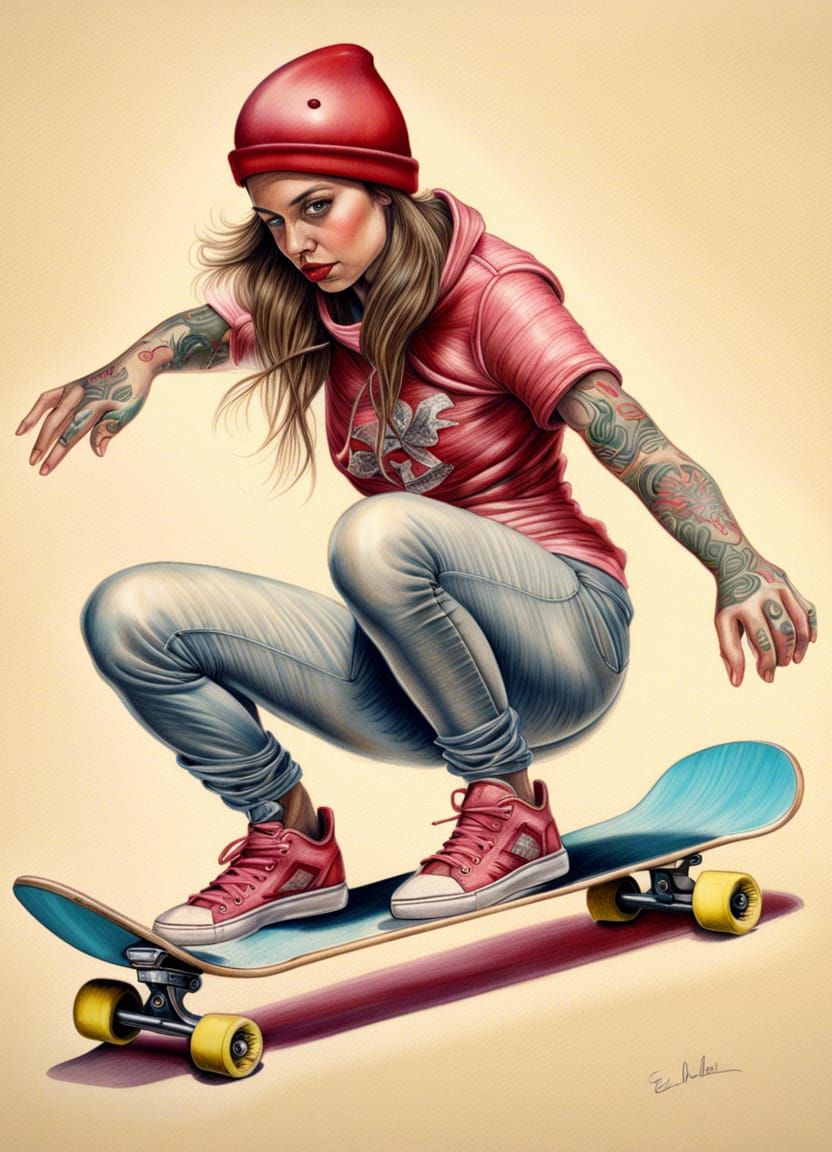 Skater chick, colored pencil sketch