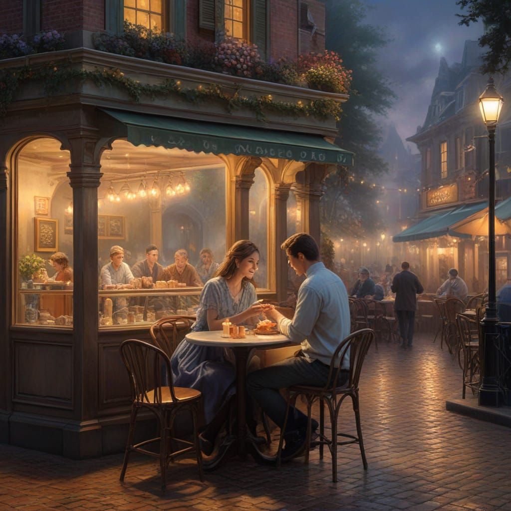 A man and woman sharing a slice of cake at a night cafe, while surrounded by framed Ai art and warm lighting ...  by @Jen Jay