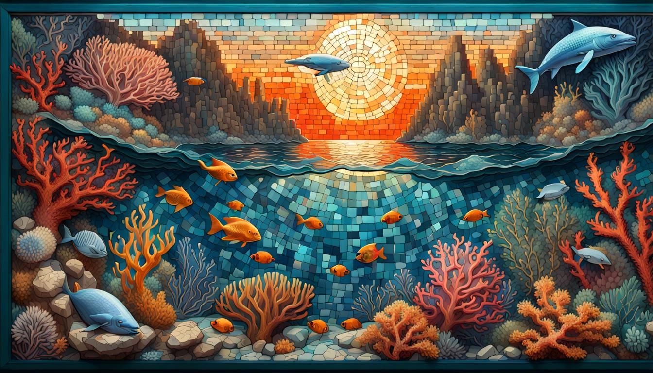 Ceramic small mosaic depicting vibrant marine life, coral reefs, and underwater scenes, : gustav doré: ...  by @Jokavld