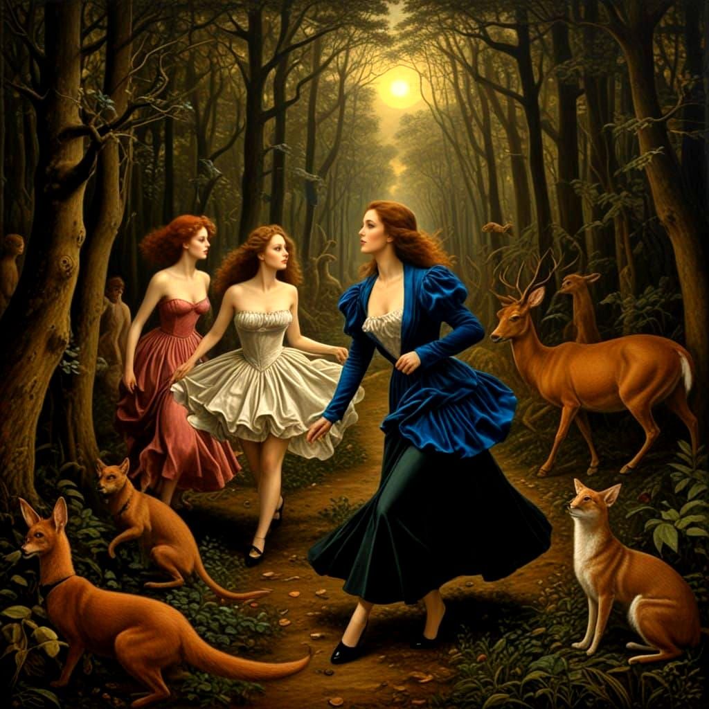 Elegant Ladies Dance in a Dark, Surreal Forest