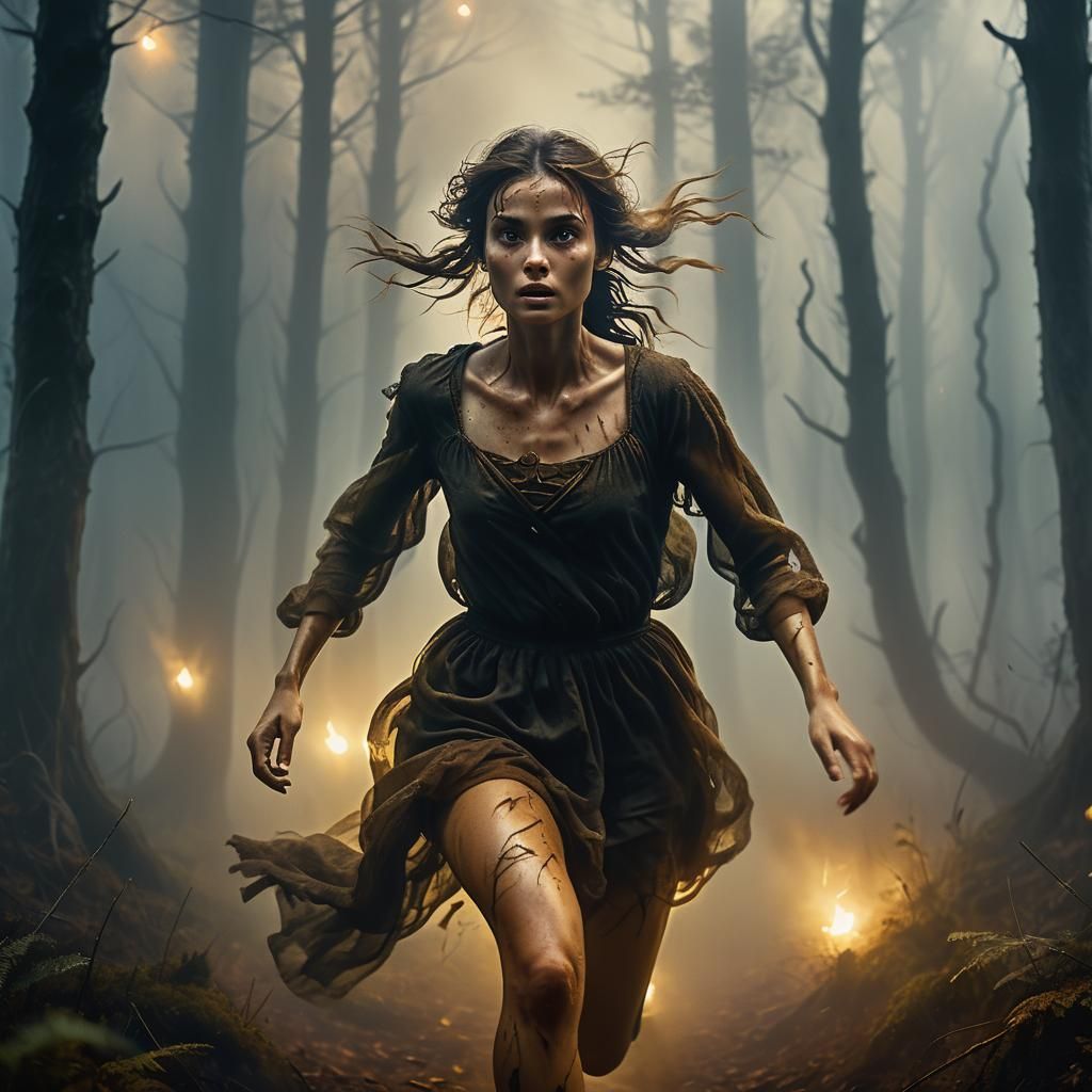 She comes running out of the dark and foggy forrest