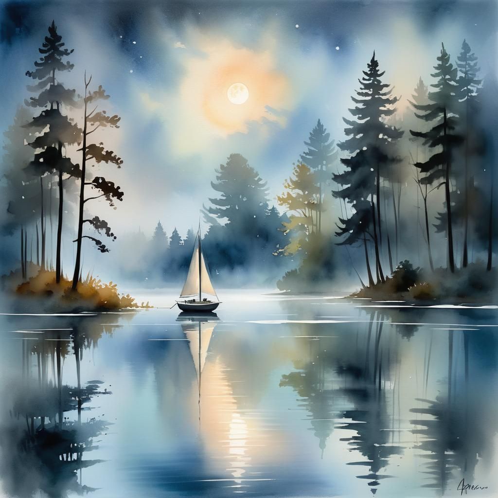 A misty lake, night time, watercolor  by @pig-and-sheep