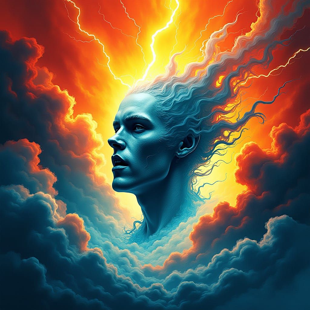 bald male ghost head floating disembodied with smoke wind and lightning Screen print, pop art, splash screen art, triadic colors, digital ar...