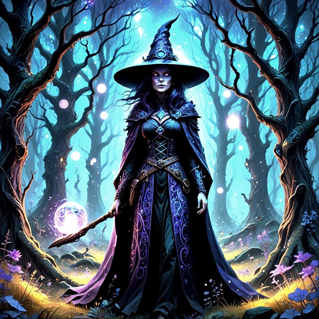 A witch with cosmic nebulae patterns on her coat stands in an alien forest, 