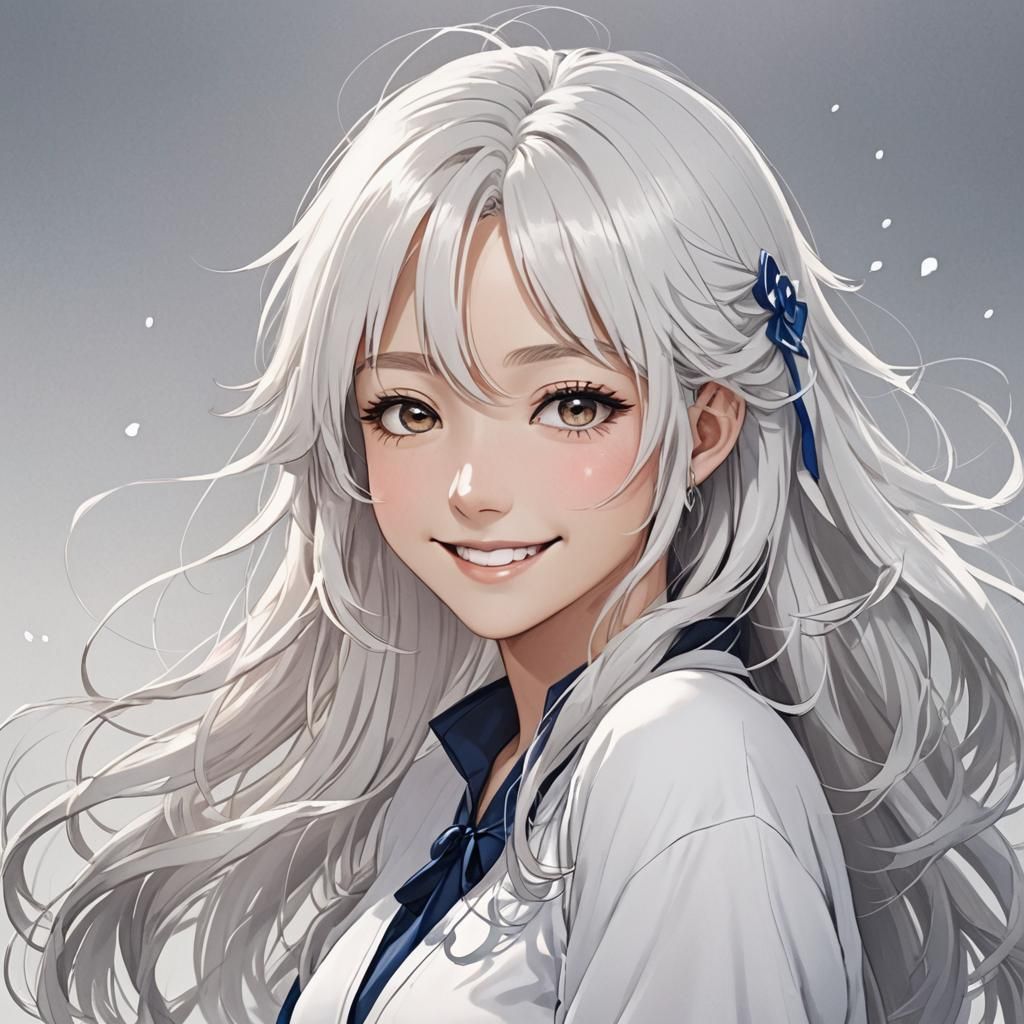 Girl with fully white hair smiling happily