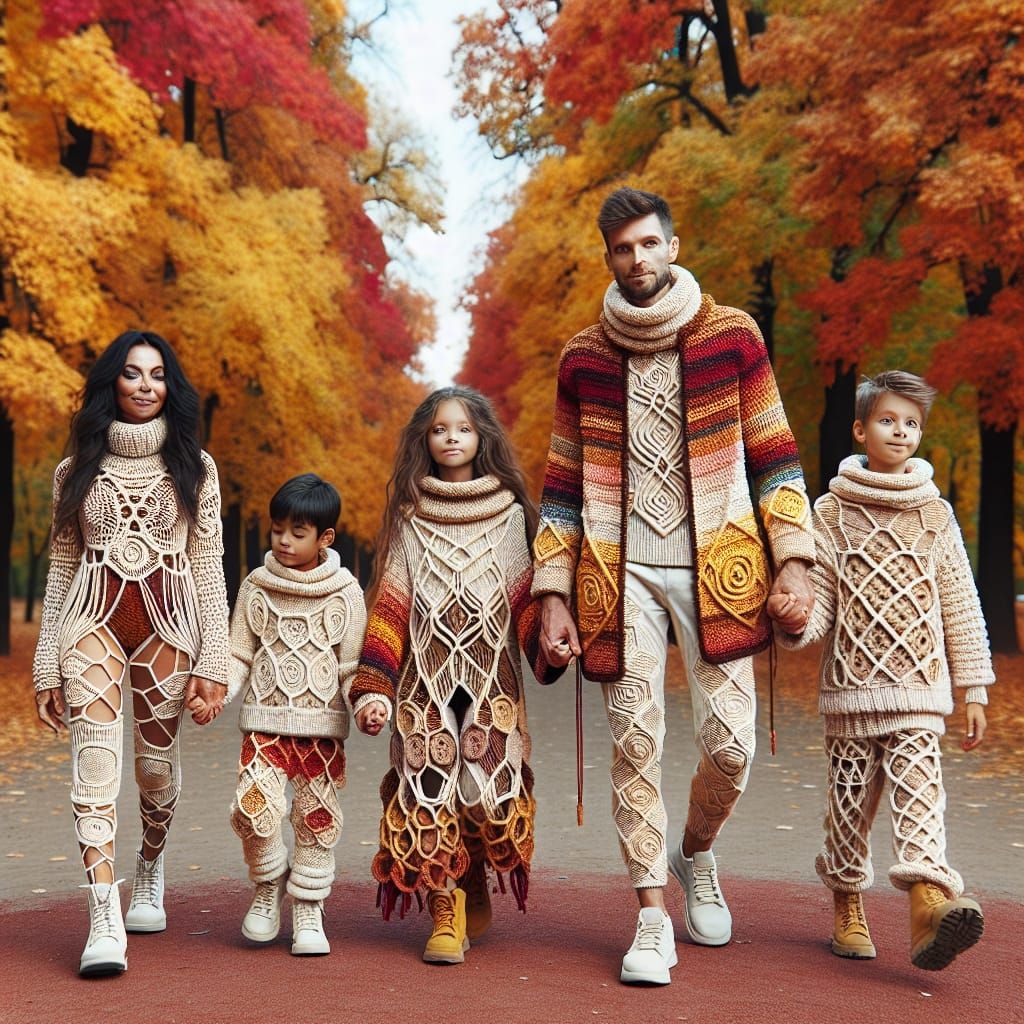 A macrame-style warmly dressed family walking hand in hand as knots through a vibrant Autumn park, surrounded by dense foliage of golden, cr...