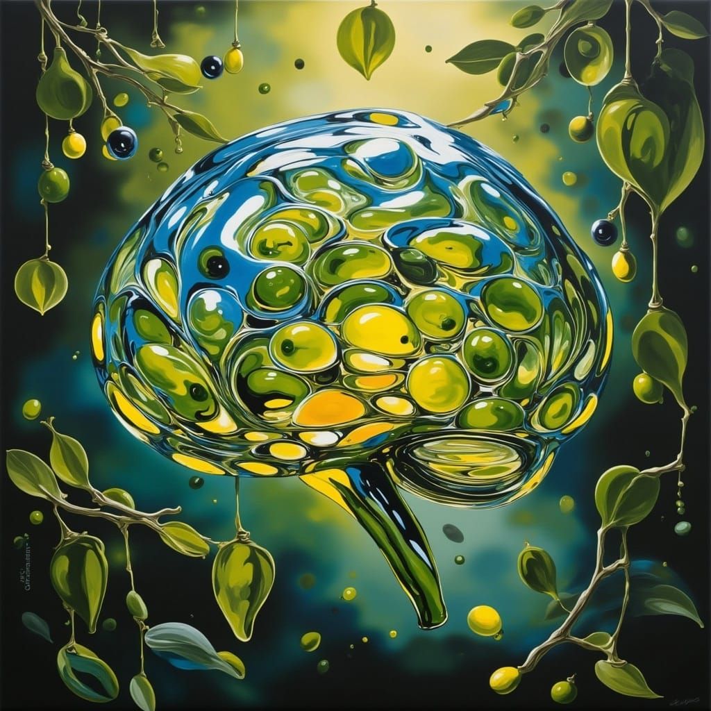<lora:OLIVE OIL:1.0> Glass brain surrounded by leaves in the style of Dale Chihuly"