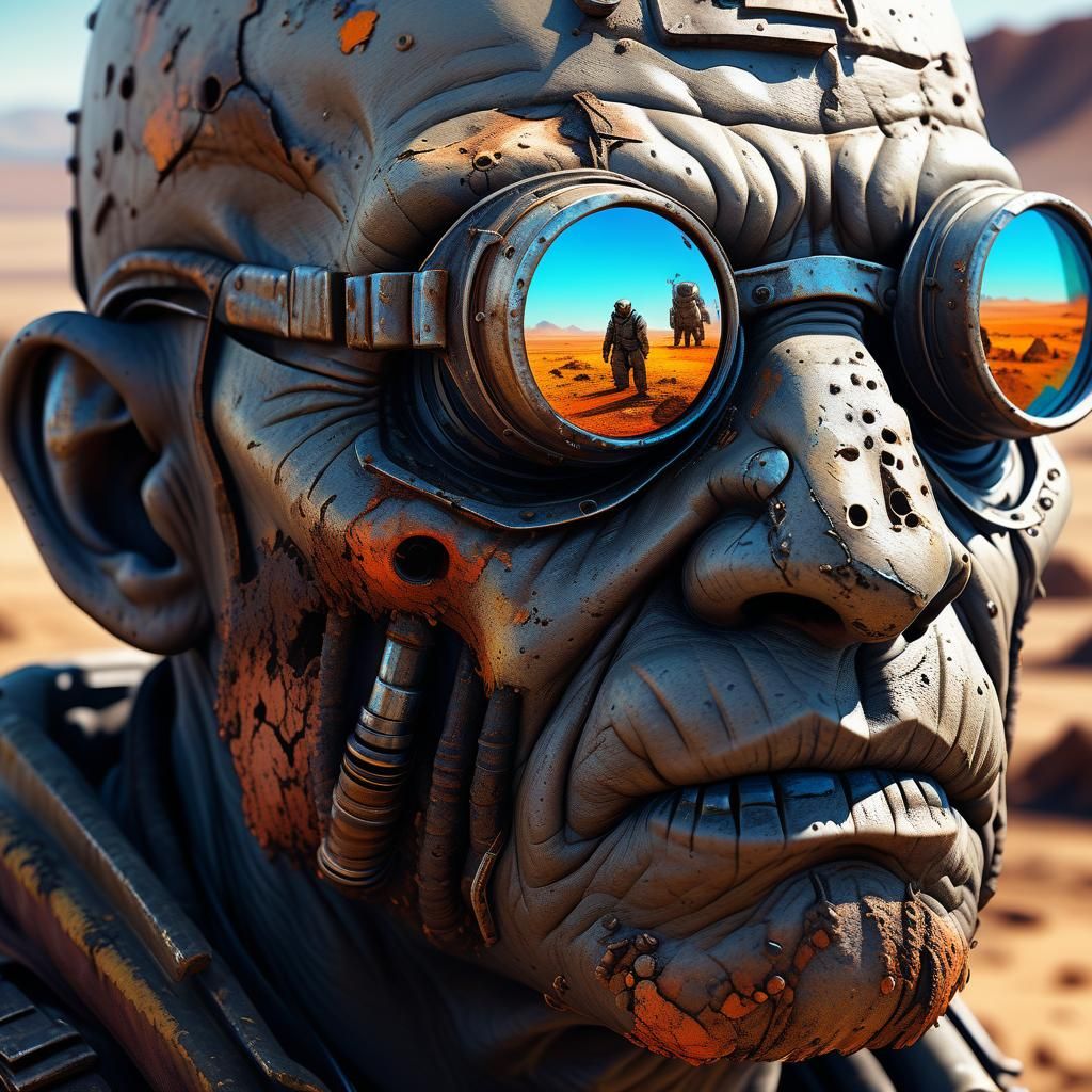 Post-apocalyptic, mole men in a wasteland with the barren landscape reflected in their eyes  by @Dorian