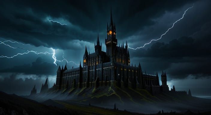 Dark Castle Under Stormy Sky, Lightning Strike - Digital Pai...