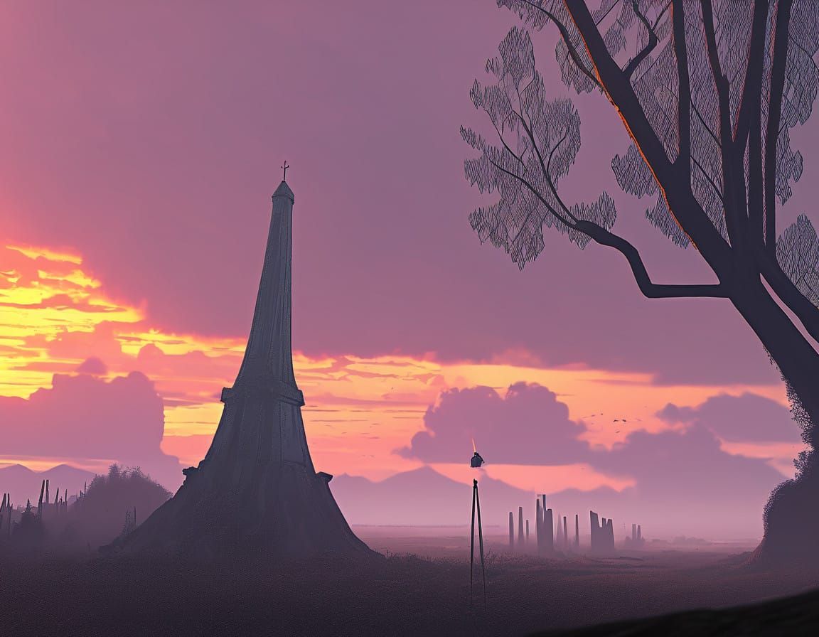 Ancient Guardian Surrounded by Lush Foliage and Ethereal Mou...