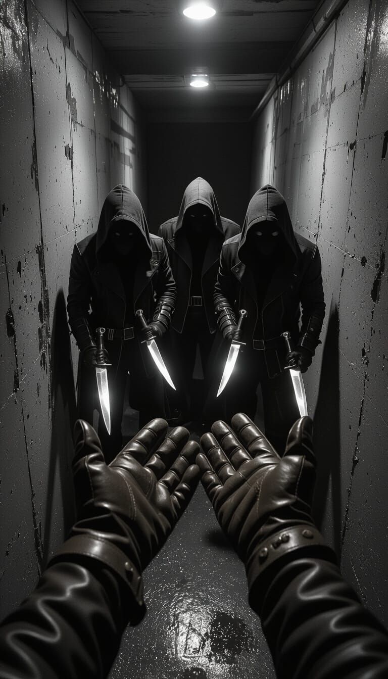  A man is facing directly in front of three looming adversaries, the only thing you can see is the mans two hands, outstretched in front of ...