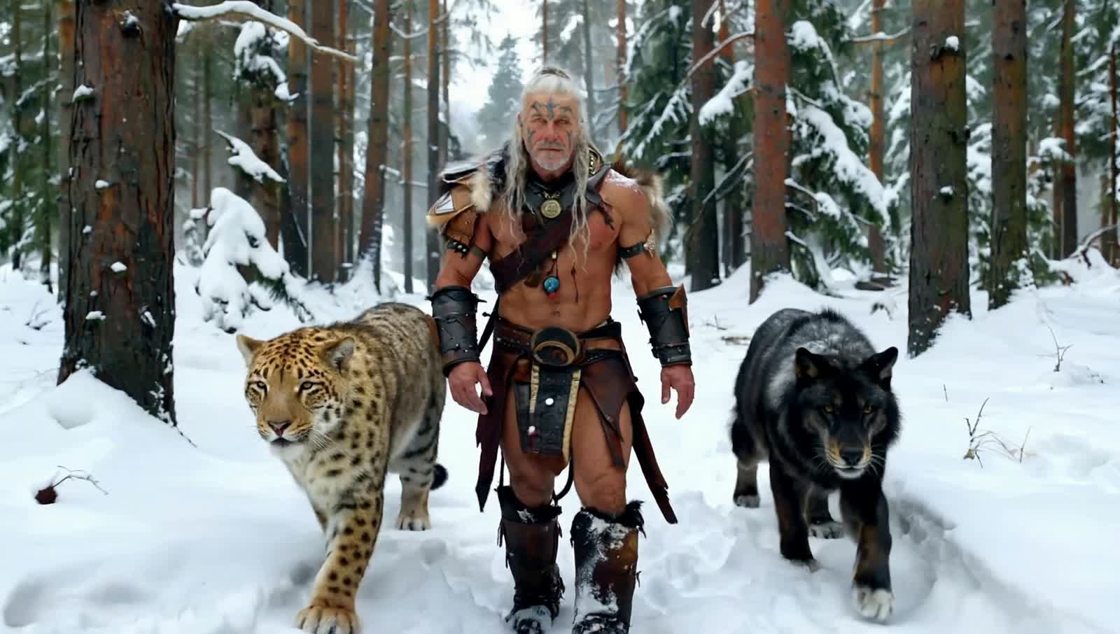 A man with European features walks through a snowy forest alongside a large snow leopard and a black wolf. His skin, wit...
