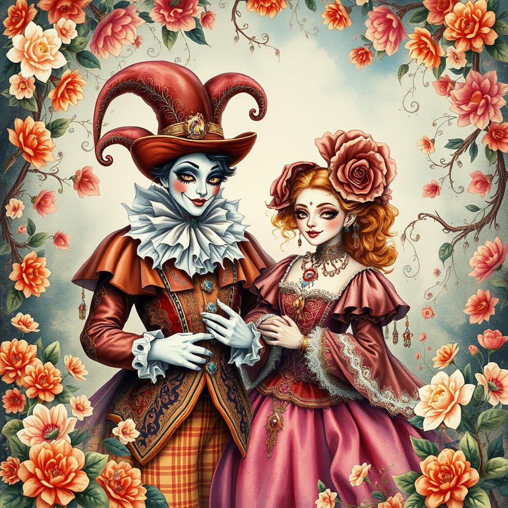 Baroque Pierrot and Pierrette in Whimsical Dreamlike Setting