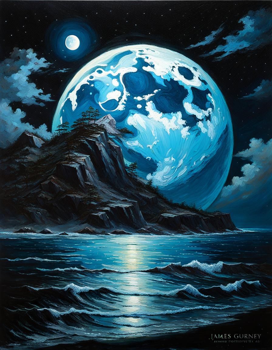 Yin Yang Moon in Night Sky, Oil Painting